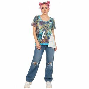 Quinze Heures Trente Top Size 3 Y2K Graphic Mixed Media Artsy Mesh Buttons Sheer